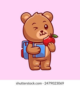 Lindo Oso Estudiante Comiendo Manzana Y Traer Libro De Dibujos Animados Ilustración Icono De Vector. Concepto de ícono de comida animal Vector Premium aislado. Estilo plano de dibujos animados