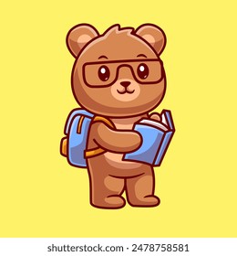 Cute Bear Student Reading Book Go To School Cartoon Vector Icon Illustration. Animal Education Icon Concept Isolated Premium Vector. Flat Cartoon Style