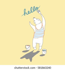 Cute bear in stylish tank top painting words "Hello" on the wall to greeting someone. Vector illustration with doodle style.