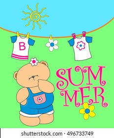 Cute bear with summer text and flower vector art for print