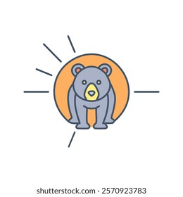 Cute bear with sun in background vector line icon