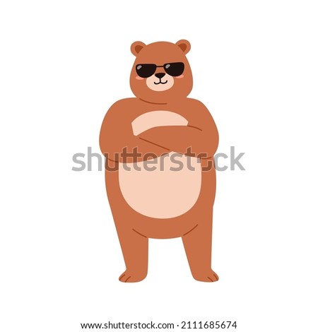 Cute bear in sunglasses. Funny cool teddy portrait. Sweet baby animal in sun glasses standing with arms crossed and smiling. Childish character. Flat vector illustration isolated on white background