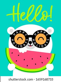 Cute bear with sunglasses holding a slice of  watermelon illustration for summer holiday concept design.