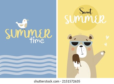 Cute bear in sunglasses with ice cream and seagull. Set of summer postcards Sweet summer and summer time. Vector illustration. Cute baby collection. For design, printing and decor, posters, covers