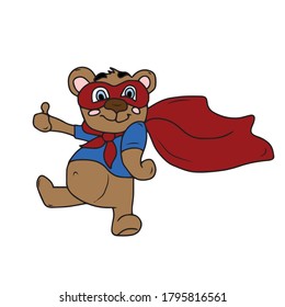 Cute bear superhero in a Cape and mask .Vector children's design for greeting cards, banners.Sticker
