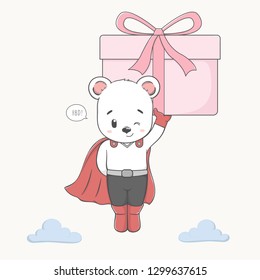 Cute bear as superhero with a gift box cartoon hand drawn vecter illustration. Use for Happy birthday invitation card, T-shirt print, baby shower.