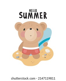 Cute Bear with Surfboard. Cartoon style. Vector illustration. For card, posters, banners, books, printing on the pack, printing on clothes, fabric, wallpaper, textile or dishes.
