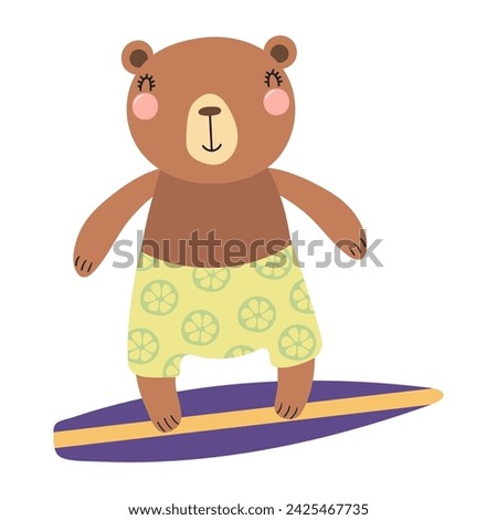 Cute bear surfing on a surfboard cartoon character illustration. Hand drawn Scandinavian style flat design, isolated vector. Kids summer print element, animal on holidays, vacations, beach