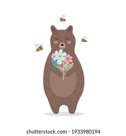 Cute bear surrounded by bees, vector childish illustration in flat style. For poster, congratulation, greeting card and baby design.