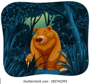 Cute bear surrounded by fireflies in the jungle at night