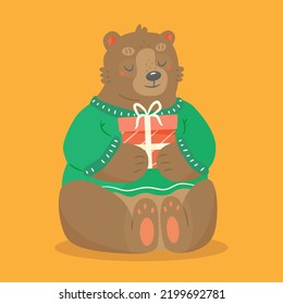 Oso lindo en un suéter con un regalo en sus patas al estilo de las caricaturas. Ilustración vectorial de un carácter animal.