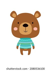 oso lindo en el suéter aislado en fondo blanco, diseño de estilo escandinavo, estampado infantil, dibujos animados animales