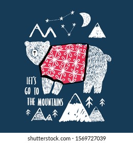 Cute bear in a sweater on a background of mountains, the moon and stars. Can be used for shirt design, fashion print design, kids wear, textile design, greeting card, invitation card.