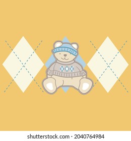 cute bear with sweater and rhombus background