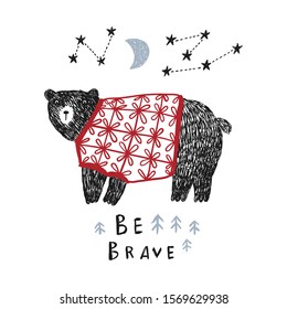 Oso lindo en un suéter bajo la luna y las estrellas. Se puede usar para diseño de camisa, diseño de impresión de moda, uso infantil, diseño textil, tarjeta de felicitación, tarjeta de invitación.