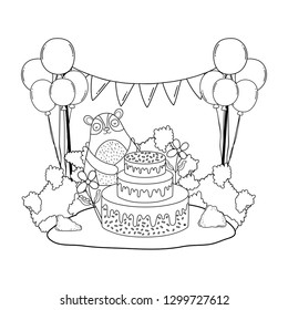 cute bear with sweet cake and balloons helium