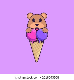 Cute bear with sweet ice cream. Animal cartoon concept isolated. Can used for t-shirt, greeting card, invitation card or mascot.