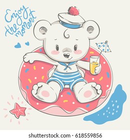 Cute bear swimming with ring cartoon hand drawn vector illustration. Can be used for t-shirt print, kids wear fashion design, baby shower invitation card.