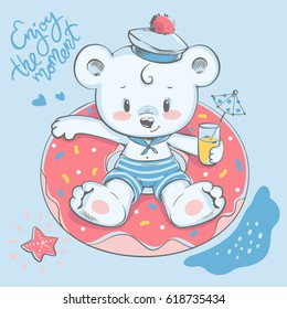 Cute bear swimming with ring cartoon hand drawn vector illustration. Can be used for t-shirt print, kids wear fashion design, baby shower invitation card.