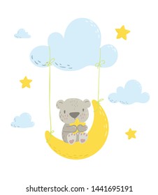 Cute bear is swinging on a moon swing and holding a star cartoon flat vector illustration for kids. Perfect for t-shirt print, nursery  textile, kids wear fashion design, baby shower invitation card.