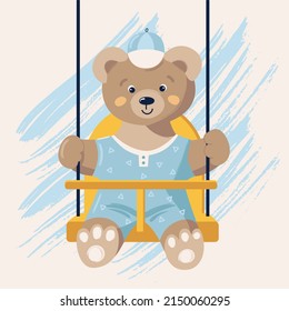 El oso lindo está balanceándose sobre un balancín