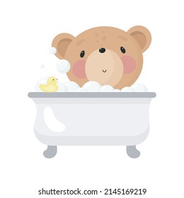 Cute Bear takes a bath. Vector illustration in cartoon style.