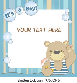 cute bear takes bubble bath with text frame. vector illustration