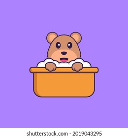 Kutscher Bär, der in der Badewanne badet. Konzept der Tierkarikatur einzeln. Kann für T-Shirt, Grußkarte, Einladungskarte oder Maskottchen verwendet werden.