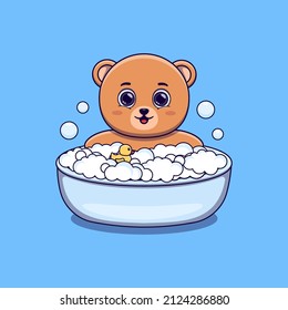 cute bear taking bath with duck toy and bubbles