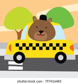 Cute bear as a taxi driver. Cute animal in transportation vehicle set.