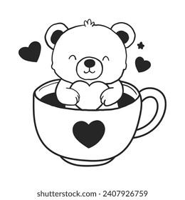 Gehörter Bär in der Teebeutel. Cute, lustige Tiercharakter für das Valentinstag-Konzept. Lineare Vektorgrafik, Schwarz-Weiß-Illustration