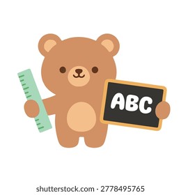 Cute Bear Teacher Holding a Ruler and ABC Blackboard Flat Vector