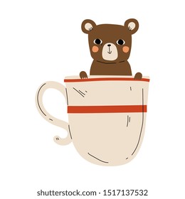 Cute Bear in Teacup, Adorable Little Cartoon Animal Character Sitting in Coffee Mug Vector Illustration