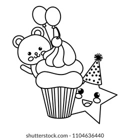 cute bear teddy with cupcake and star kawaii characters