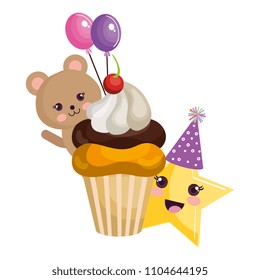 cute bear teddy with cupcake and star kawaii characters