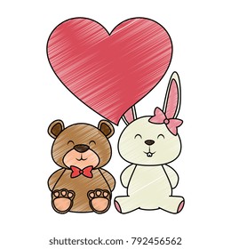 cute bear teddy and rabbit with heart