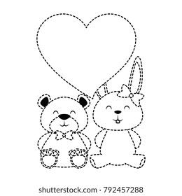 cute bear teddy and rabbit with heart