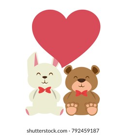 cute bear teddy and rabbit with heart