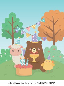 cute bear teddy and sheep with chick in birthday party scene