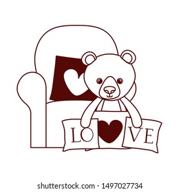 cute bear teddy stuffed with love pillows in the sofa