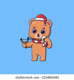 cute bear throwing snowball with slingshot