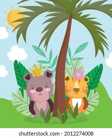 oso lindo y hojas de la jungla de tigres