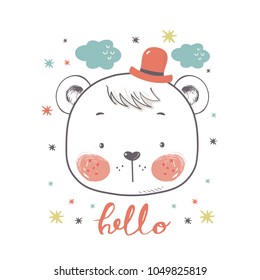 Cute Bear in top-hat .cartoon hand drawn vector illustration. Can be used for baby t-shirt print, fashion print design, kids wear, baby shower celebration greeting and invitation card.