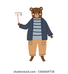 Cute Bear Tourist Making Selfie with Smartphone, Funny Humanized Animal Cartoon Character on Vacation Vector Illustration