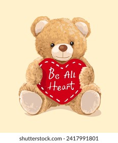 cute bear toy and all heart slogan in heart shape hand drawn vector illustration