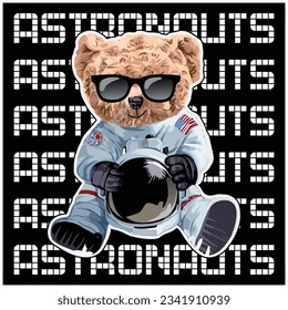 süßes Bärenspielzeug in AstronautenKostümgrafik für T-Shirt-Design, Poster, Hintergrund.