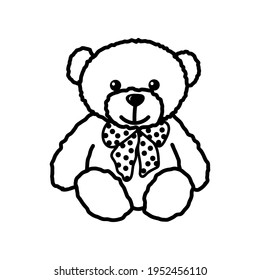 Cute bear toy with bow. It is sitting and smiling. Vector illustration in style outline.