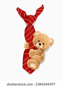 cute bear toy climbling red necktie graphic vector illustration