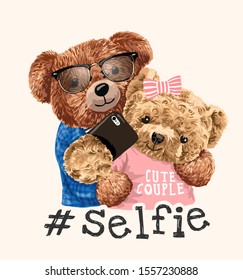 cute bear toy couple taking selfie illustration