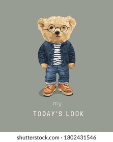 cute bear toy in denim style fashion illustration